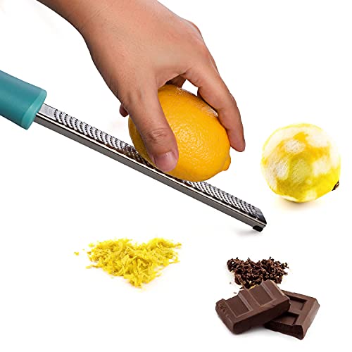 8-Inch Lemon Zester & Cheese Grater, 18/8 Stainless Steel, Blue | Fine 18/8 Stainless Steel Blade for Citrus, Parmesan, Ginger and Garlic, Soft Non-slip Handle, Cover, Dishwasher Safe - color: B-Blue
