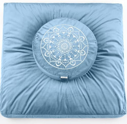 Hihealer Meditation Cushion, Traditional Tibetan Meditation Pillow Velvet Cover - Large Floor Cushion Seating for Adults - Yoga Buckwheat Bolster for Women、Moms - color: Restful Blue(set)