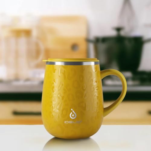 Ideus 16 oz Insulated Coffee Mug with Handle and Lid, Double Wall Stainless Steel Vacuum Thermal Coffee Mug, Travel Coffee Cup Thermal Cup for Home and Office (Leopard Yellow, FUJI DAWN) - color: Leopard Yellow
