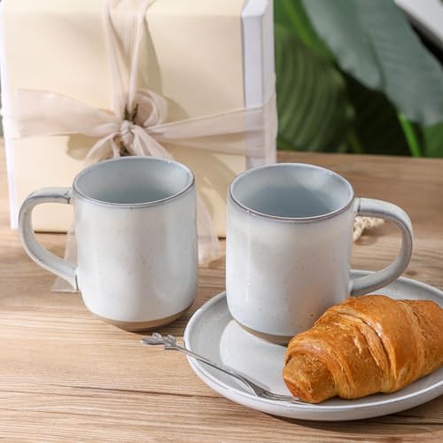 Ceramic Coffee Mugs Set of 4, 14oz Coffee Cups with Large Handle, Stoneware Two-Tone Tea Mugs for Latte, Cappuccino, Bluish White Speckled, Terracotta Base,Housewarming Gift,Dishwasher&Microwave Safe - color: White, size: 14 OZ