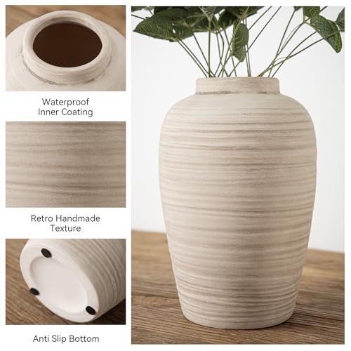 10 Inch Large Ceramic Vase Farmhouse Style Pottery Flower Vase | Handcrafted Rustic Ceramic Vase,Cream Ceramic Vase,Ceramic vases,Farmhouse Vase for Shelf, Living Room - color: E- 10"-retro
