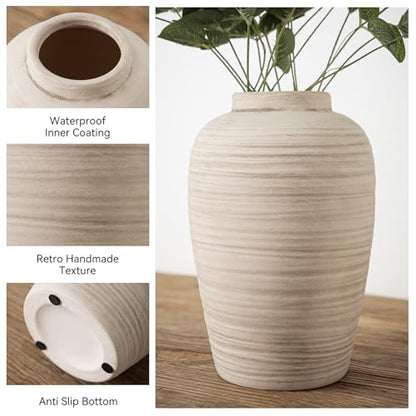 10 Inch Large Ceramic Vase Farmhouse Style Pottery Flower Vase | Handcrafted Rustic Ceramic Vase,Cream Ceramic Vase,Ceramic vases,Farmhouse Vase for Shelf, Living Room - color: E- 10"-retro
