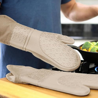 BPA-Free Silicone Oven Mitts Ultra Heat Resistant up to 500°F - Oven Mitts with Thick Cotton Liner - Long Slip Resistant Pot Holders, Flexible Oven Gloves - Beige 14.7 - color: Beige, size: 2-Piece 14.7" Oven Mitts