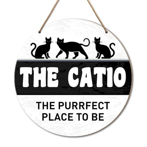 Catio Sign for Front Door - Farmhouse Wooden Hanging Decoration, Accessories for Home - Cat Lover Gifts for Mom and Dad - The Purrfect Place to Be - color: C