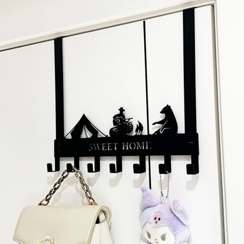 Over The Door Hanger Hooks with 7 Hooks, Black Metal No Drill Over Door Coat Rack for Towels, Coats, Hats, Bags & Robes, Bedroom Bathroom Closet Dorm Entryway Organizer, Fits 1.4–1.7'' Standard Doors