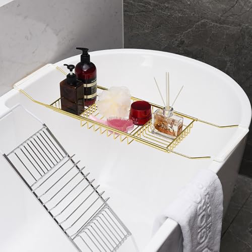 Bathtub Tray,Stainless Steel Shower Bathtub Caddy Tray with Removable Book Holder Red Wine Rack Holder, for Home Kitchen Bathroom,Gold
