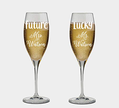 Engraved Set of 2 Glasses with Box, Future Mrs and Lucky Mr. engraved Customized Wedding Toast, Champagne Flute Set, Wedding Toasting Glasses - color: Wedding-14, style: Glasses + Gift Box