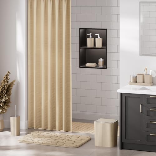 XLHOMO 26PC Bathroom Accessories Set - Gorgeous Bathroom Set, Beige Bathroom Accessory Set, Shower Curtain Set with Bathtub Mats for Shower Tub, Trash Can & Soap Dispenser - size: Bath Set+Bathtub Mat+Shower Curtain&Rugs, style: Beige&Silver