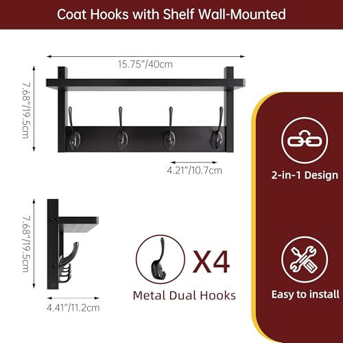 STELLSTAR Coat Rack with Shelf, 2 Pack Bamboo Wall-Mounted Coat Hanger with 8 Hooks for Entryway, Hallway, Kitchen, Bathroom, Living Room, Utility Room (Black) - color: Black