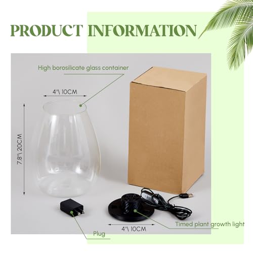Glass Plant Terrarium Kit with LED Grow Light, Desk Terrarium for Venus Fly Trap, Succulents, Moss & Miniature Garden, Borosilicate Glass Desktop Planter for Home Office(6.9 x 7.8 Inch) - size: 6.9 x 7.8 Inch
