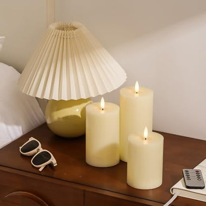 Stmarry Ivory Flameless Candles with Remote and Timer, Real Wax Made LED Pillar Candles Battery Operated with 3D Flickering Flame - 3" x 4",5",6" - Set of 3 - color: Ivory