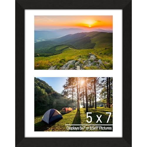 5x7 Double Picture Frame Collage 2 Openings, Black Wood Frame | Holds 2 5x7 Photos or 8.5x11 Picture, Multi Photo Collage Frame Wall/ Table Decor Wooden, Horizontal & Vertical, White Mat - color: Black Frame & White Mat, size: 2 Openings (8.5x11) - 5x7