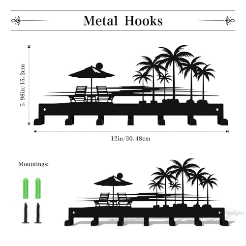 Tropical Style Key Holder Wall Mount with 7 Hooks, Key Hanger Organizer for Front Door, Hallway, Entryway & Office Decor, Featuring Sunset and Coconut Tree Design