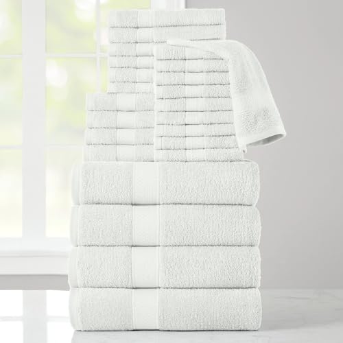 24-Piece Set of Towels, Lightweight 380 GSM Cotton Towels, Quick Drying, Absorbent Hand Towels, Fingertip Towels, Bath Towels, & Washcloths, White - color: White