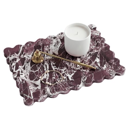 Large Scalloped Marble Bathroom Tray, Rosso Lepanto Vanity Organizer | Elegant Marble Vanity Tray for Bathroom, Kitchen & Home Décor - color: Rosso Lepanto