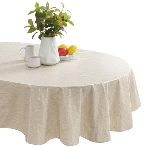 Newbridge Napa Leaf Taupe Vinyl Flannel Backed Tablecloth, 60 x 84 Inch Oval, Hotel Quality Waterproof Indoor Outdoor Table Cover for Kitchen, Patio, Dining, BBQ - color: Taupe, size: 84" x 60" (Oval)