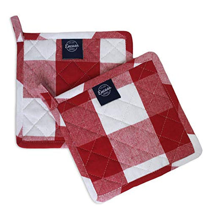 Encasa XO Pot Holders, Quilted Kitchen Hot Pads 8"x8" Buffalo Red Checks | 100% Eco-Friendly Cotton | Thick Cotton Padding Insulation | Convenient Hanging Loop | Set of 2 - color: Buffalo Red Checks