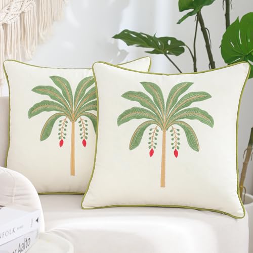 Embroidered Throw Pillow Covers 18x18 Pack of 2 Sage Green Palm Tree | Ocean-Themed,Durable Fabric,Square Pillow Cover,Boho Decorative,Hidden Zipper,Aesthetic Design,Ideal Gift,Machine Washable - color: Sage Green Palm Tree