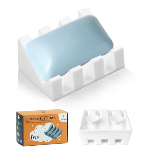 Silicone Soap Dish Self Draining with Suction Cups (White, 1 Pack) | Waterfall drainage design drains fast to keep soap dry non-slip silicone base, practical soap saver for bathroom & kitchen - color: White, size: 1