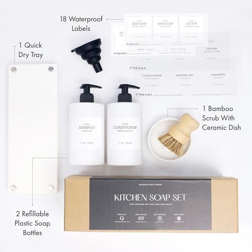 FINESSY White Bathroom and Kitchen Soap Dispenser Set with Tray and Brush | BPA Free Plastic Hand Soap Dispenser Set Of 2 Bottles, 500ml Each With Brush & Ceremic Holder on A Marble-Look Resin Tray - color: Minimalist White