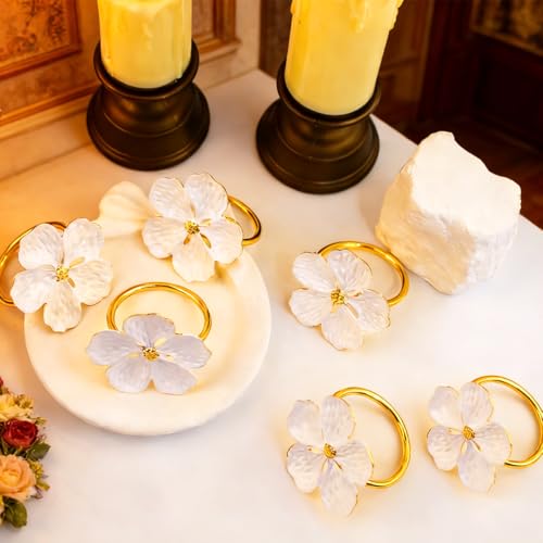 6 Pcs Napkin Rings, Flower Napkin Rings Holder Floral Table Setting Decoration for Table Settings, Glossy Serviette Buckles Decor (White)
