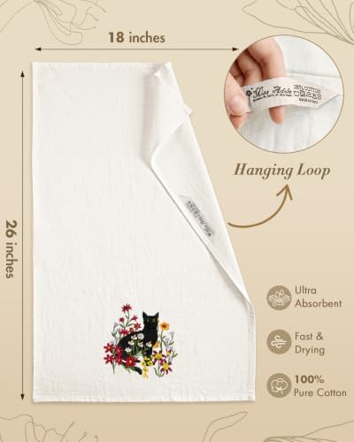 Embroidered Flour Sack Kitchen Towels, Black Cat | Exquisite Embroidery, Pure Cotton, Lightweight, Nostalgic Design, with Hanging Loop, Softer After Wash, Machine Washable - color: Cat in Flower