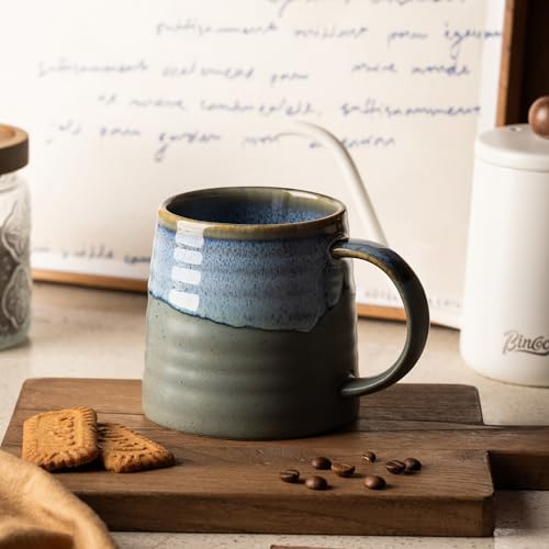 15.5oz Large Heavyweight Ceramic Mug, Reactive (Blue-Grey) | 15.5oz Medium-Large, Heavy Weighted Stoneware, Reactive Transmutation Glaze, Microwave & Dishwasher Safe, Gift Box - color: Blue-Grey