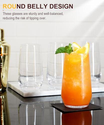 Drinking Water Glass Cups Set,Crystal Clear tall Glass cups set of 8,16.2oz | Unique Design Highball Clear Glassware for Cocktail Parties, Family Dinners Glass Cups - style: Drinking set of 8 16.2oz