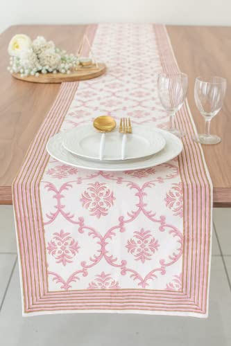 Pink Table Runners for Long Tables ( 100% Cotton, Damask Hand Block Print, 14x120 inch, Pack of 1) Fabric Lined | No Fray Edges | for Home, Kitchen, Dining Room, Holiday, Wedding Party Décor
