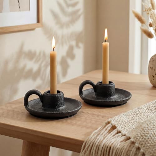 Set of 2 Farmhouse Ceramic Candle Holders Black Vintage Taper Candlesticks | Taper Candle Plate with Handle Home Decor Centerpieces for Tables Rustic Wedding Housewarming Dining Table Accent - color: Black