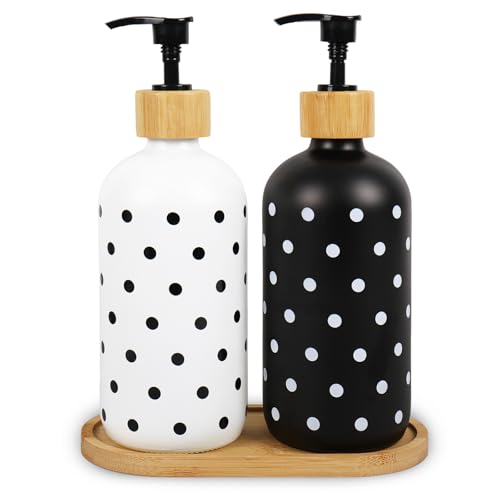 Whaline Dot Soap Dispenser Set Glass Soap Dispenser with Pump and Wooden Tray Refillable Liquid Container for Hands Dishes Party Home Kitchen Bathroom Decor (Black & White)