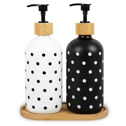 Whaline Dot Soap Dispenser Set Glass Soap Dispenser with Pump and Wooden Tray Refillable Liquid Container for Hands Dishes Party Home Kitchen Bathroom Decor (Black & White)