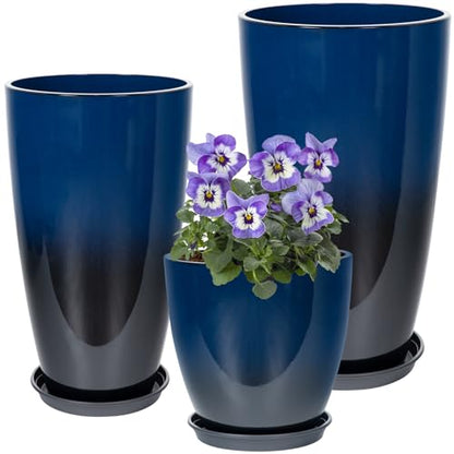 Neoaider Set of 3 Tall Planter, 24/21/12in Large Plastic Planter, Dark Blue | Ceramic-Look, Lightweight, Built-in Drain Hole, Saucers, Tall Outdoor Planter for Porch, Garden, Patio, Balcony - color: Dark Blue