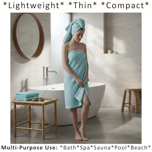 PÜSKÜL 2-Piece Natural 100% Turkish Cotton Waffle Bath Towels Extra-Large | Turquoise, 32x63" Bath Sheet Towel, Light Soft Absorbent Quick-Dry Lint-Free Premium Honeycomb Weave Oeko-Tex Made in Turkiye - color: Turquoise