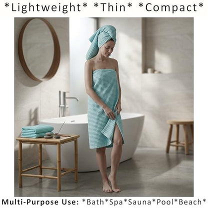 PÜSKÜL 2-Piece Natural 100% Turkish Cotton Waffle Bath Towels Extra-Large | Turquoise, 32x63" Bath Sheet Towel, Light Soft Absorbent Quick-Dry Lint-Free Premium Honeycomb Weave Oeko-Tex Made in Turkiye - color: Turquoise