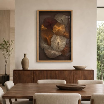 BrightA Large String Nail Thread Art 3D Floral Wall Hanging Sculpture | Hand crafted metal pin and fiber radial bloom panels with layered botanical geometry 27.5"x39.4" - color: Brown + Gold + Dark Red + Natural wood tone, size: 27.5"x39.4"