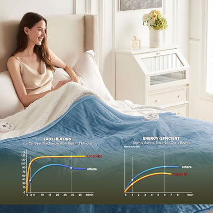 Heat Blanket 84”x90” Queen Size-Dual Control,Soft Flannel & Sherpa Electric Blanket with 10 Heat Settings,12 Timer Setting and 8 Hours Auto-Off,ETL Certified Machine Washable,Light Blue - color: Light Blue, size: 84*90in
