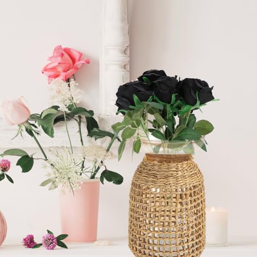 Baluue Decorative Glass Vase with Amber Inner Bottle and Woven Straw Cover, Small Tabletop Flower Arrangement Container for Home and Living Room Décor