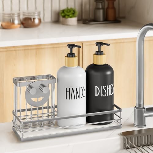 Moforoco Kitchen Dish Soap Dispenser Set, 16OZ Glass Bottle, Hand and Dish Soap Dispenser Set, Instant Dry Tray, Brush Holder with Smiley Face Sponge Holder (Silver Tray+Black&White Bottle) - color: Silver Tray+black&white Bottle