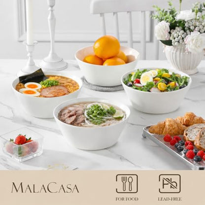 MALACASA 60 OZ Large Salad Soup Bowls Set of 4, White Ceramic Bowls | Deep Bowls for Kitchen, Family Salad, Ramen, Pasta, Pho, Fruit, Microwave & Dishwasher Safe Gift Set, Series REGULAR - size: 60oz(4pcs)
