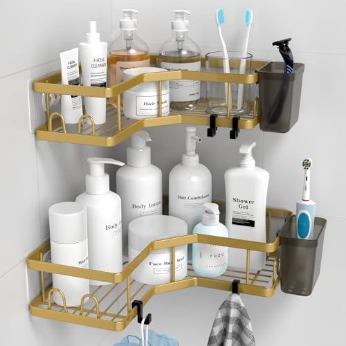 AKTECKE Corner Shower Caddy Organizer Shelf: 2Pack Adhesive Shower Rack, No Drilling Stainless Steel Shower Storage Shelves for Bathroom Kitchen (Gold) - color: gold, size: 9.6"×9.6"×2.6"