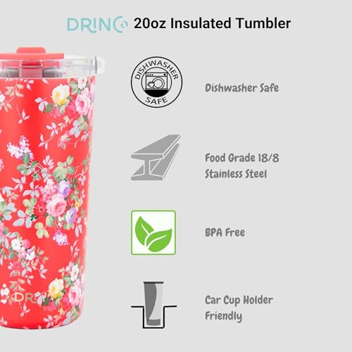 Drinco - 20 oz Stainless Steel Tumbler | Double Walled Vacuum Insulated Mug With Lid, 2 Straws, For Hot & Cold Drinks (20oz Peony Floral) - color: 20oz Peony Floral