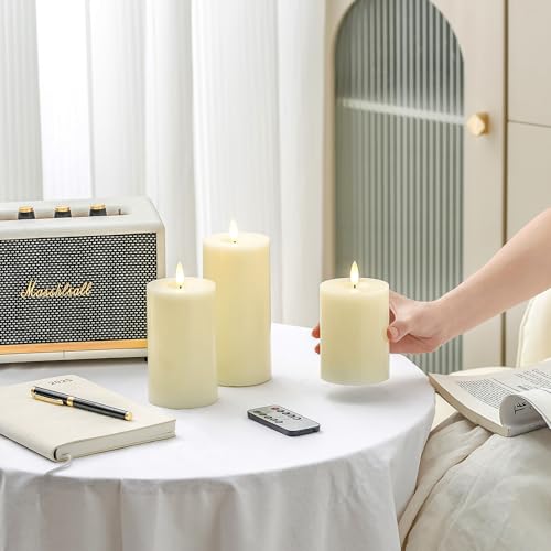 Stmarry Ivory Flameless Candles with Remote and Timer, Real Wax Made LED Pillar Candles Battery Operated with 3D Flickering Flame - 3" x 4",5",6" - Set of 3 - color: Ivory