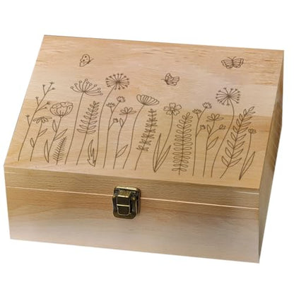 arricraft 1 Pc Wood Memory Keepsake Box, Wildflower Butterfly Bee Memory Box with Hinged Lids Floral Keepsake Chest for Anniversary Birthday Picture Letter Storage 9.6x7.6x4 inch(24.5x19.5x10.3cm)