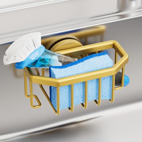 TAILI Sponge Holder for Kitchen Sink with Strong Suction Cup-Gold | Removable Sink Caddy for Kitchen Sink Oganizer, Rustproof Aluminum Sink Sponge Holder for Scraper Brushes, Stoppers - color: Gold, size: 6.1" x 3.5"