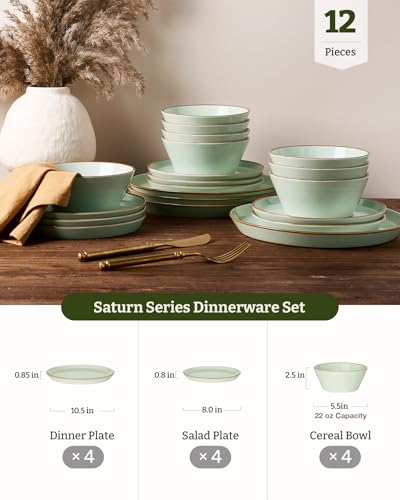 Famiware Saturn Dinnerware Sets, Ceramic Dishes for 4, Rimmed Plates, Bowls | Light Green, 12 pcs Microwave and Dishwasher Safe Stoneware, Chip & Scratch Resistant, Modern Rustic Tableware, Everyday Use - color: Light Green, size: 12