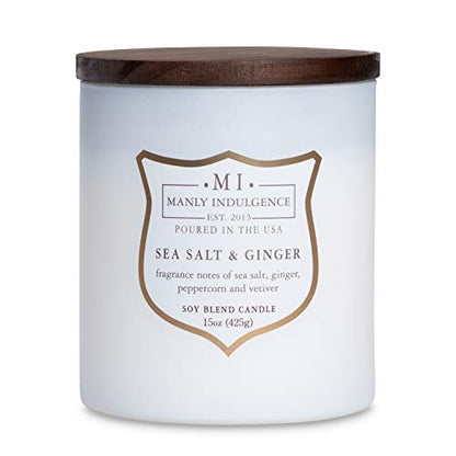 Manly Indulgence Sea Salt & Ginger Scented Candles for Men, 15 oz Wooden Wick, Premium Soy Blend Wax, 60H Burn, Candles for Home Scented - Made in The USA - color: Sea Salt & Ginger