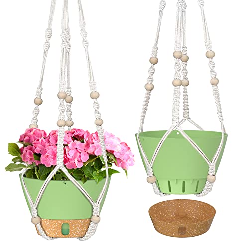 ZMTECH 2 Pack 10 Inch Hanging Planters with Macrame Plant Hanger for Indoor and Outdoor Plants, Self Watering, Drainage Hole, Visible Level Tray, Green - color: Green (Macrame), size: 10 Inch