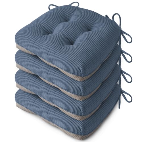 Anti Slip Kitchen Chair Cushions Set of 4 18"X16.5"X3" Light Blue | Elegant Breathable Textured Fabric, with Ties, Tufted, Thick Polyester Filling, for Dining Chairs, Folding Chairs, Office - color: Light Blue