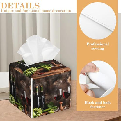 Red Wine Tissue Box Cover, Fruits Wood Tissue Box Holder Waterproof Leather Facial Paper Organizer Dispenser for Bathroom Home Car Nightstand Vanity - color: Red Wine Fruits Wood
